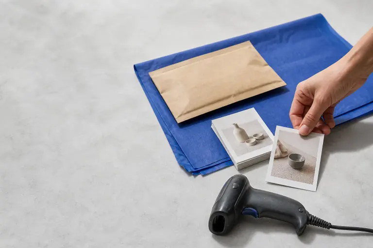 Product cards, packaging materials, and a scanner on an ecommerce worktable